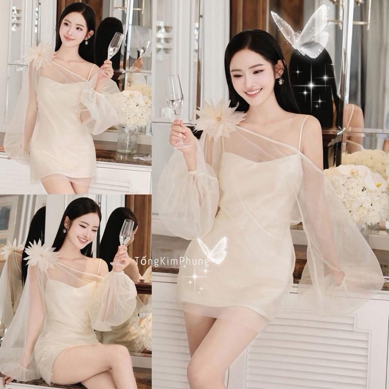 TẶNG HOA 3D Set Váy Lụa Phối Áo Choàng Lệch Vai Bồng Bềnh Đính Hoa To D2