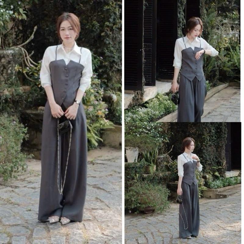 Xả Kho Set áo sơmi KÝ GIẢ dây gile gắn liền cúc bọc mix quần suông chun sau 3 màu Xám,Nâu,Đen-Dành Cho Nữ