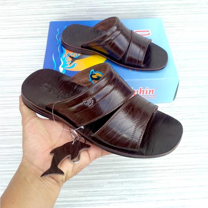 KOLEKSI BARU - Sandal Slop Pria Dolphin D-05 - Sandal Slide Bahan Kulit -  Coklat 2