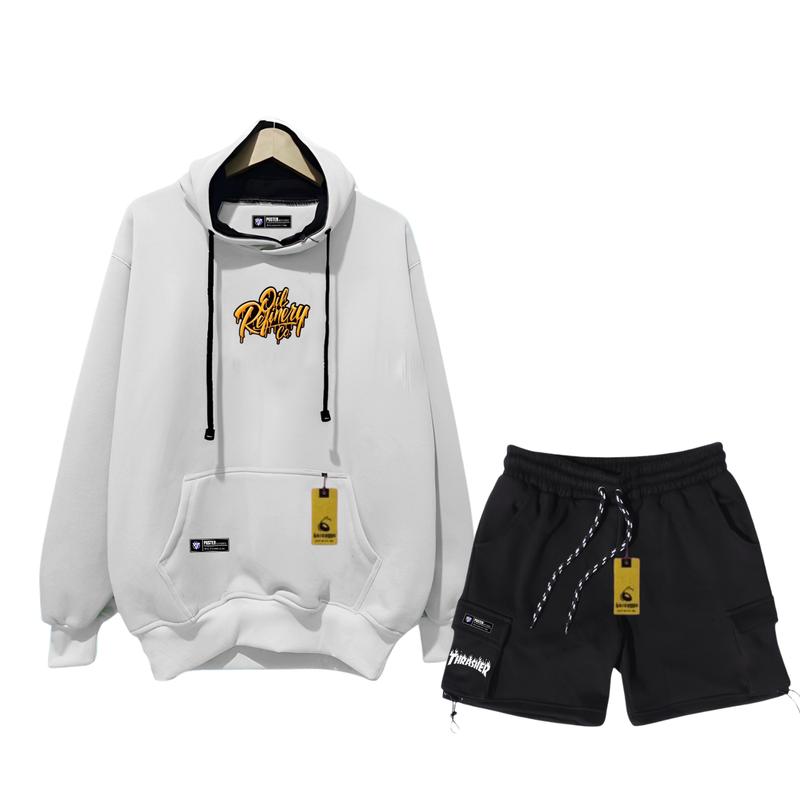 Product Introduction of Oneset Hoodie Celana Pendek Pria Wanita Distro Stelan Sweater Celana Cargo Bahan Flece Brend Puster Apparel Size M L XL XXL Dewasa Hitam Setelan Polos Unisex Katun Crewneck 1