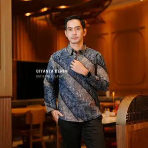 GIYANTA DENIM Baju Kemeja Hem Motif Batik Pria Dewasa Slimfit Lengan Panjang Premium Modern Mewah Full Furing Bahan Katun Halus Kondangan Pesta Kerja Casual Formal