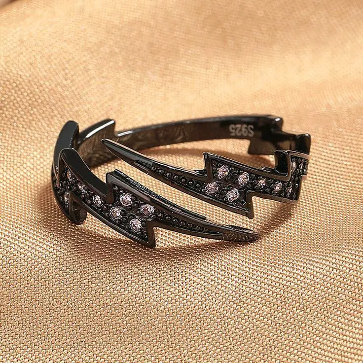Cincin Elegan Desain Thunderbolt Black and White (Adjustable) Hadiah 2