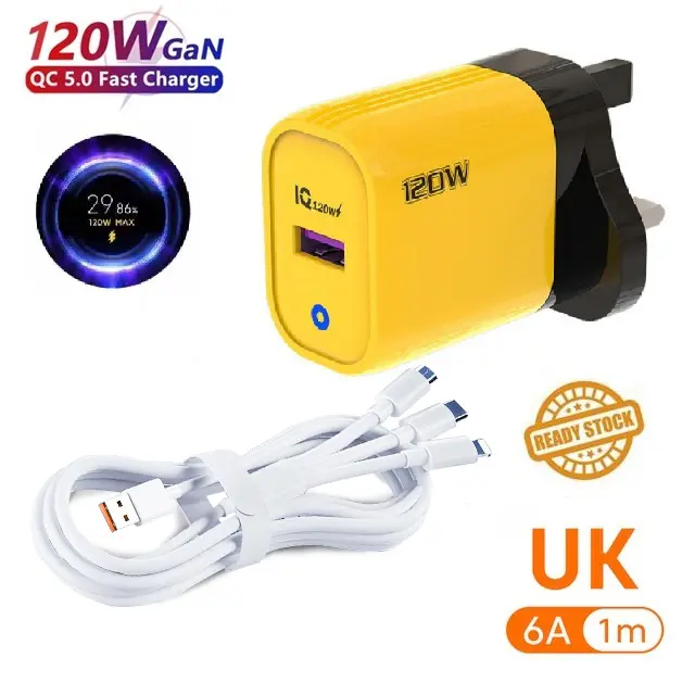Set Pengecas Disesuaikan, Warna Kuning, Kuasa 120W, Kabel Data Jenis-C 6A, QC3.0, Aksesori PitayaTech, Serasi dengan Telefon Phone