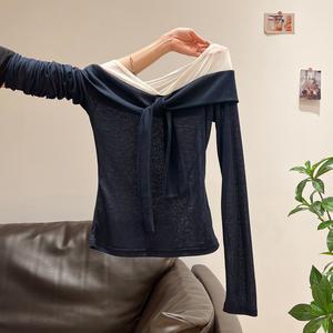 Women's One Shoulder Mesh Patchwork Colorblock Tie Long Sleeve T-Shirt, Slim Fit Casual Top for Fall & Winter, Women's Fashion Clothing 3331 Womenswear Short Vneck