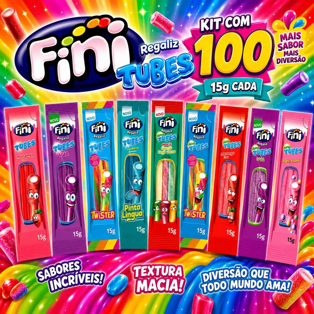 kit 100 Bala Fini Tubes Original Kit Festa Guloseimas