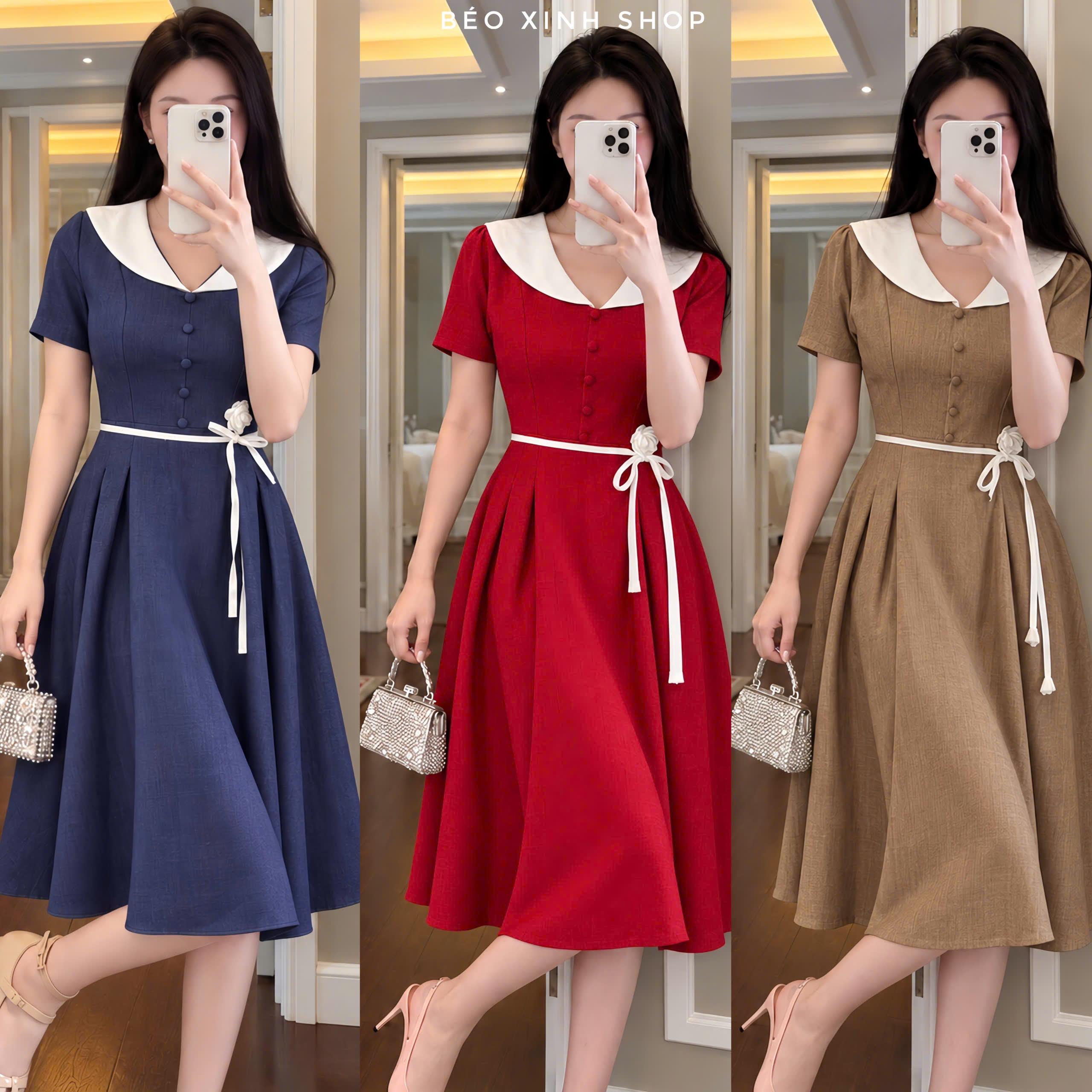 Váy Đầm Linen Pháp Cổ Sen Trắng Đính Hoa Eo Sang Trọng Có Bigsize  40-90kg Béo Xinh Shop - A.1916