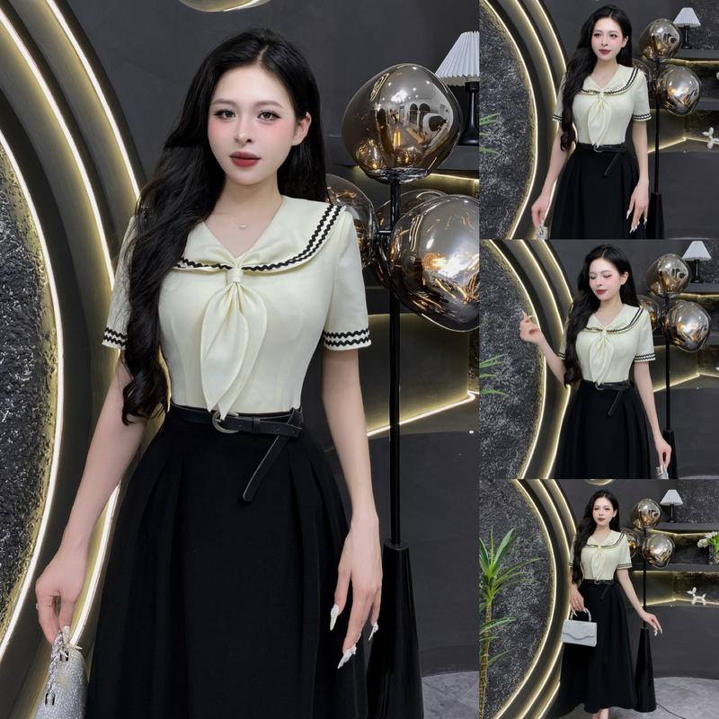 EV64 - Váy Thiết Kế Evii dành cho nữ, Đầm thiết kế cổ cavat liền cách điệu phối viền, thân trên 2 lớp (tặng kèm đai) dáng A xòe dài phù hợp đi làm, đi chơi và đi dự tiệc. Có Bigsize Women Dress