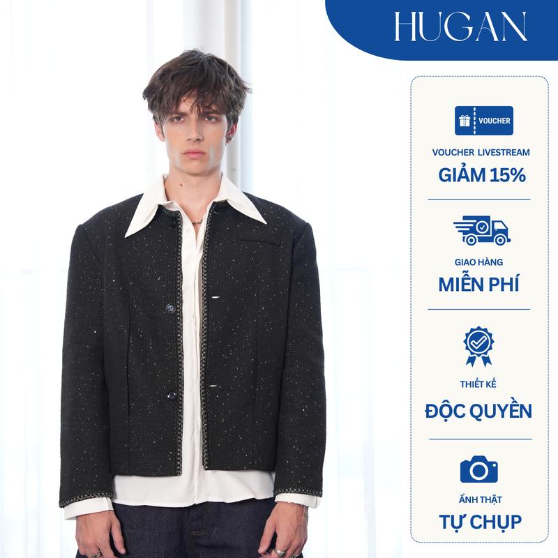   BÁN CHẠY  Áo dạ tweed ánh kim sa thiết kế thời trang nam viền kim tuyến HUGANSTORE HG08 - Áo dạ tweed ép mùng lót lụa đệm cầu vai. 