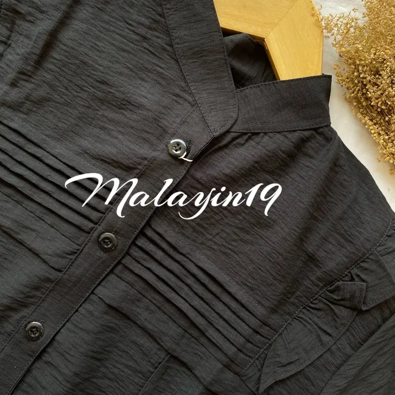 Malayin19 Mecca blouse kemeja wanita polos linen kekinian Baju kerja atasan panjang muslim dewasa Casual Formal Kerah Nyaman Basic Santai 6