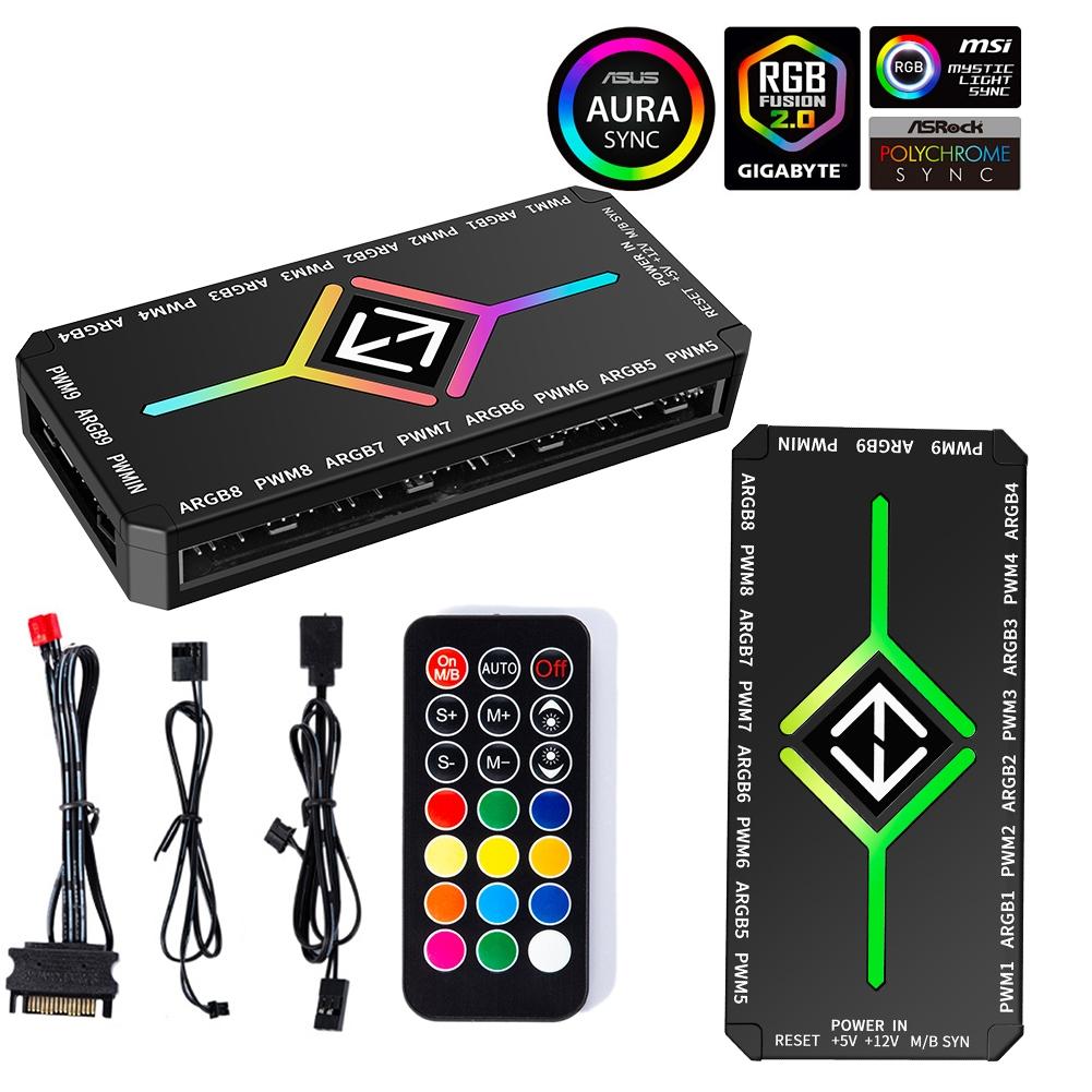 1 ถึง 9 3 ใน 1 5V 3 ขา ARGB Controller พัดลมระบายความร้อน Hub พร้อมรีโมท PWM ARGB พัดลม Hub SATA แหล