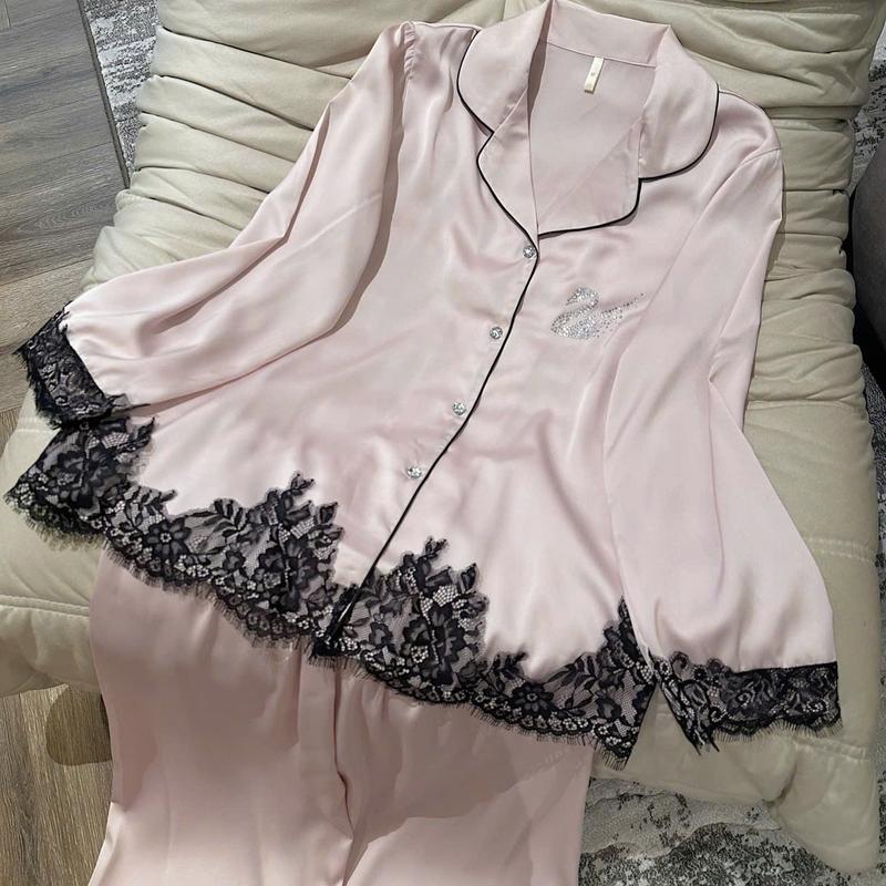 N322- Pijama dài tay phối ren đính hạc đá cho nữ mặc nhà - Bộ ngủ lụa hàng quảng châu cao cấp cho nữ (women)