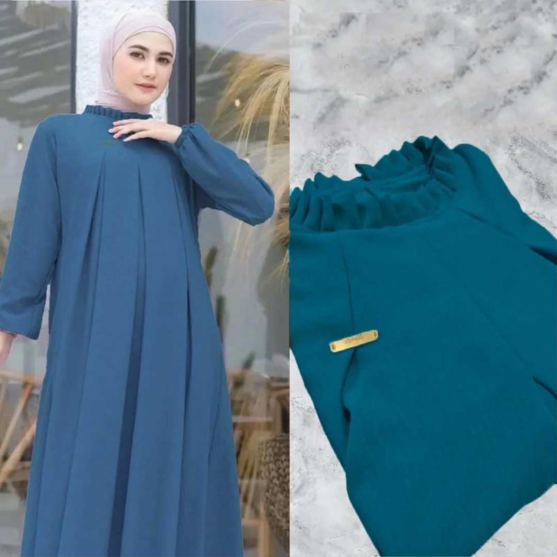 Abaya Gamis Lebaran Wanita  Dewasa Remaja  Muslim Crinkle Airflow - Nyaman dan Elegan - Mewah Tangan Kombinasi Lembut Kaftan Syari Dress Basic 3