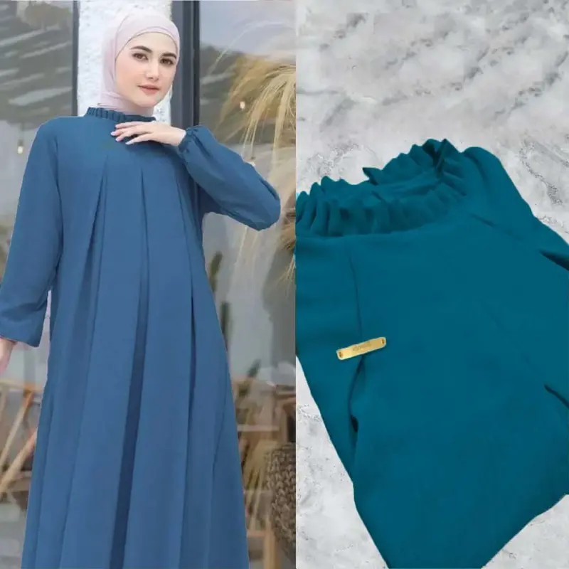 Abaya Gamis Lebaran Wanita  Dewasa Remaja  Muslim Crinkle Airflow - Nyaman dan Elegan - Mewah Tangan Kombinasi Lembut Kaftan Syari Dress Basic 3