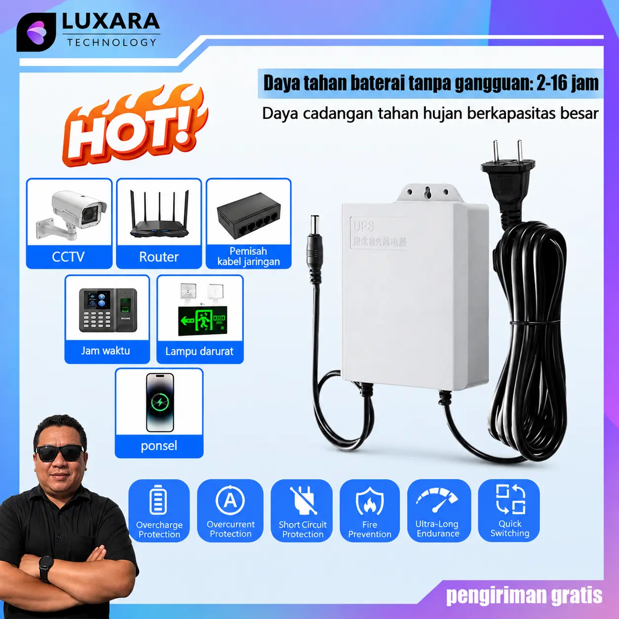 【BOSS SAKTI x LUXARA】Mini UPS 3600mAh 12V 1.5A UPS WiFi Router Modem CCTV Backup Listrik Anti Mati Lampu Cadangan Daya agar WiFi Tetap Nyala Saat Listrik Padam UPS Portable untuk Rumah Darurat