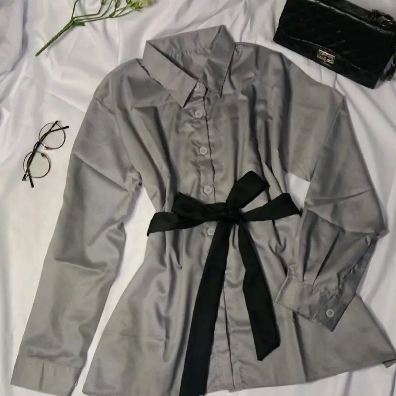 KR - Kemeja Basic Belt Simple Sepuluh Model Kemeja Wanita Remaja Dewasa Formal Kerja Kuliah Kerah Casual Atasan Wanita Ootd Fashion Korean Style Terbaru Murah Baju Kancing Katun Muslim Panjang Toyobo 6
