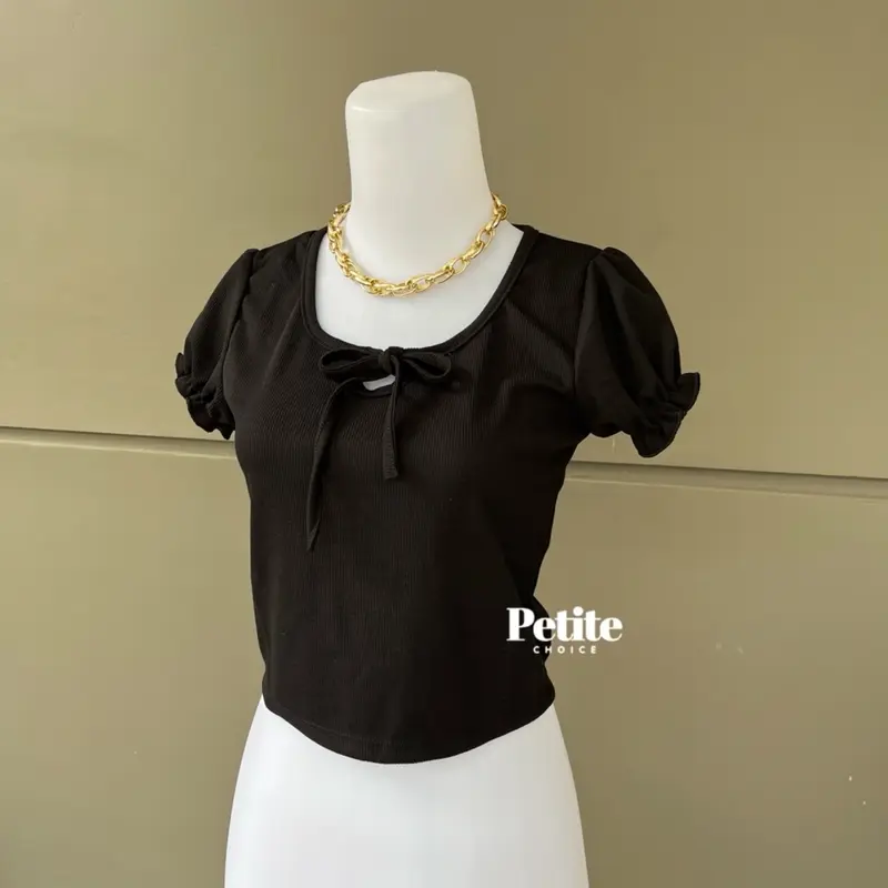 Petitechoice | KATHIE Top - Atasan Wanita Stretch Rajut Casual Puffy Shoulder Sailor Neck Leher V Knit coquette bow 7