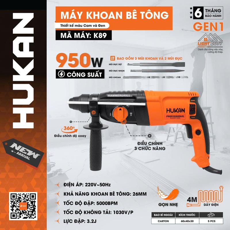 Máy khoan bê tông Hukan K89 3 chức năng công suất 1020W dây dài 5m búa 3.2J