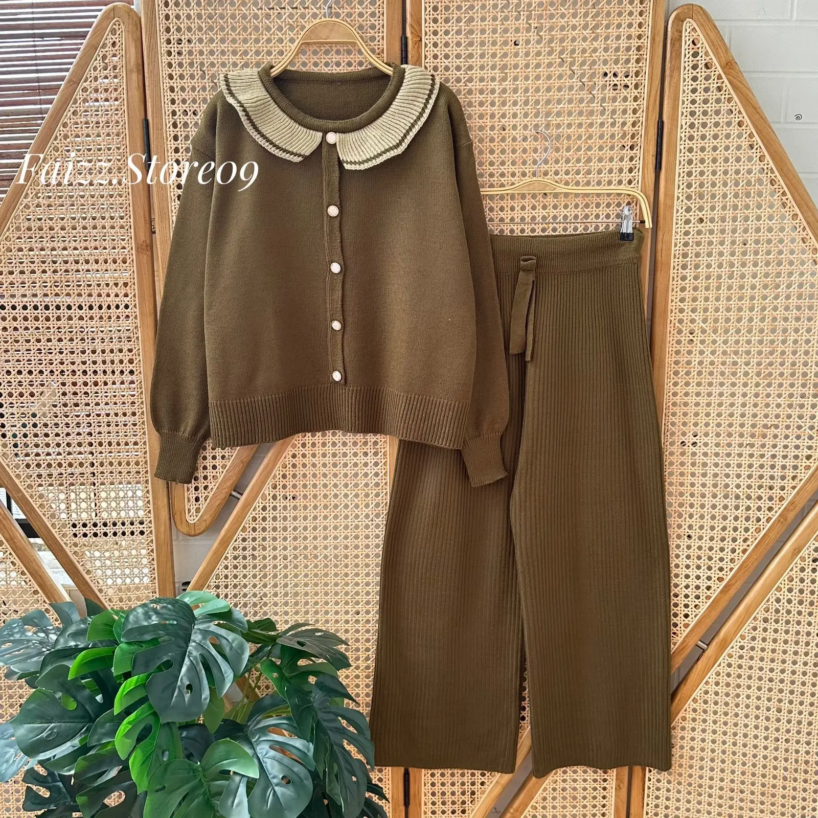 Oneset Rania Sweater Rajut Motif Kancing Setelan Celana Kulot Premium Wanita Lengan Panjang Kekinian Baju Atasan