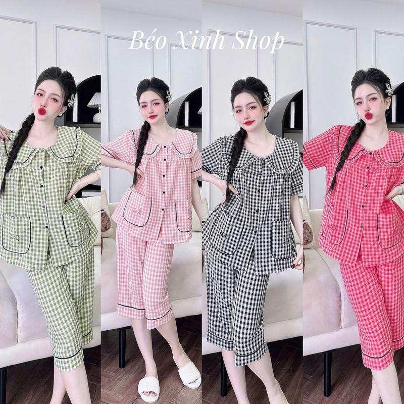 Đồ Bộ - Đồ Ngủ Lửng Pijama Bigsize 50-100kg Vải Lửng Lụa Nhật Xốp Caro Mềm Mịn Mát Nữ Women Quần Ngủ Áo Ngủ - A.5212