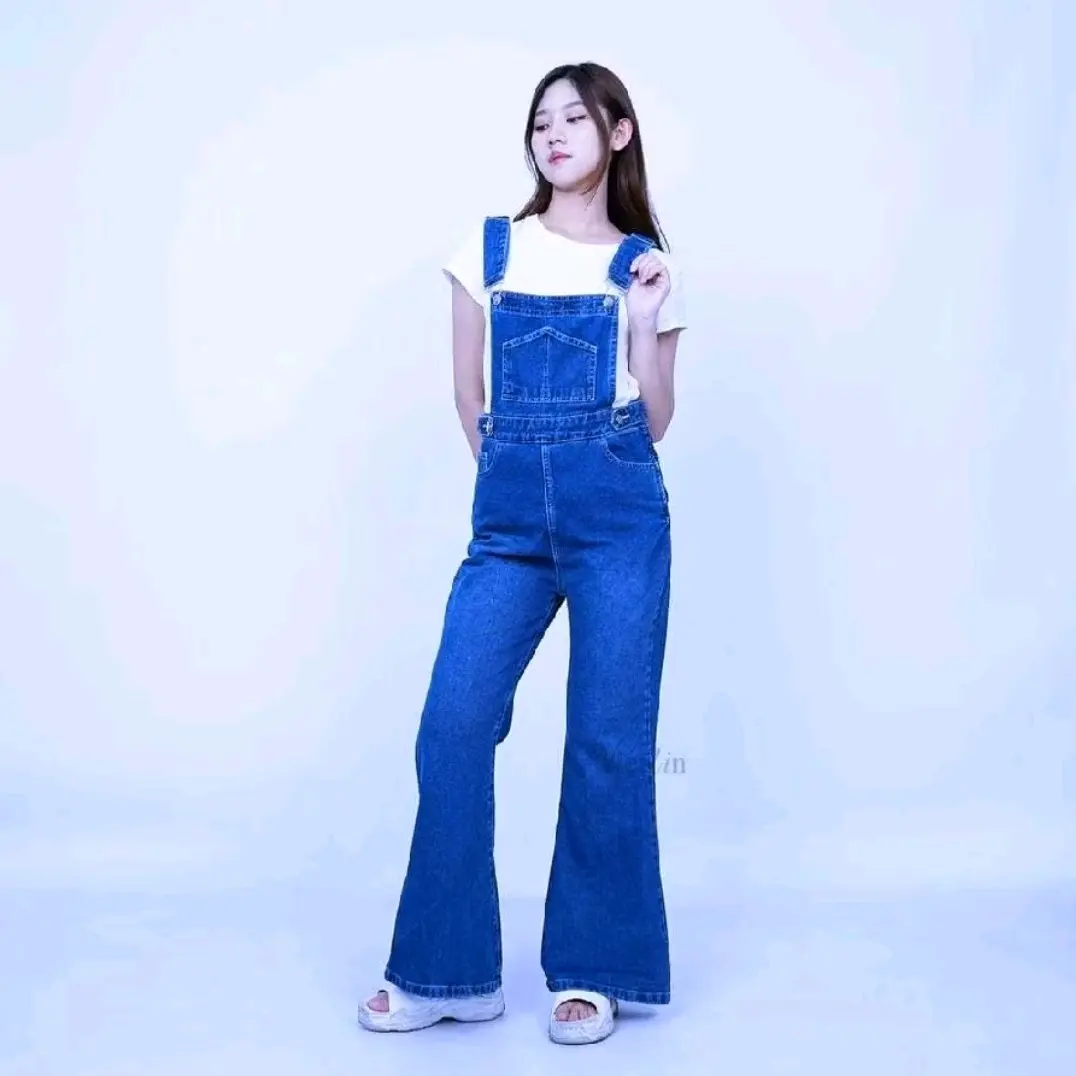 Celana Kodok Denim Wanita Korea Style High Waist Gaya Chic Lebar Kaki / Overall Jeans Cewek Kulot Panjang Kaki Lebar Longgar Pinggang Tinggi / Jumpsuit Denim Pakaian Kodok Overall Tali Ikat Vintage Polos Terbaru