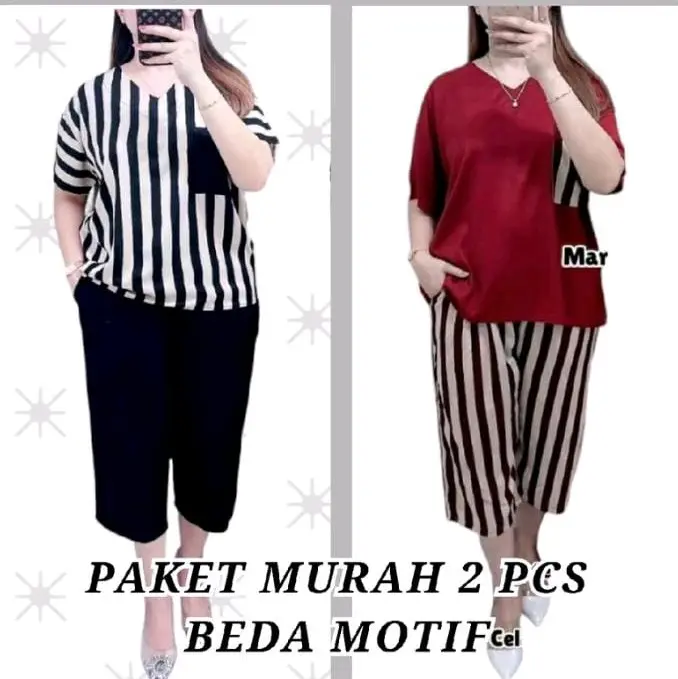 Paket hemat 2pcs stelan dapet 2 motif salur polos pendek/stelan terlaris/stelan viral2024