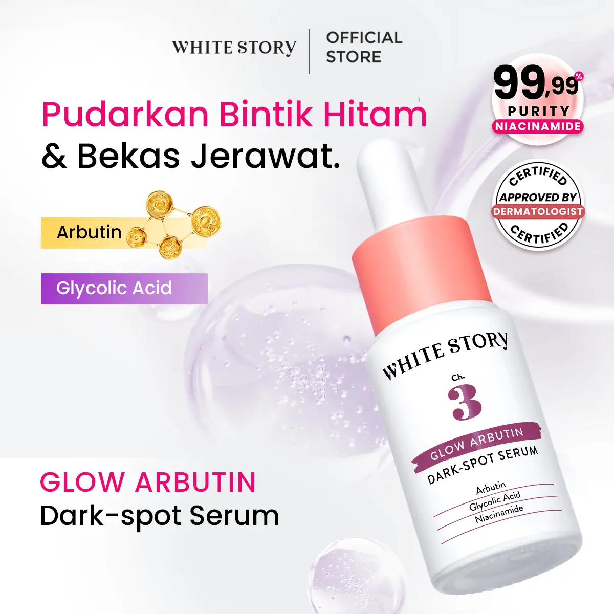 White Story Dark Spot Serum Arbutin Glow Serum – Mencerahkan Wajah Atasi Noda Flek Hitam Bekas Jerawat Cerah Glowing