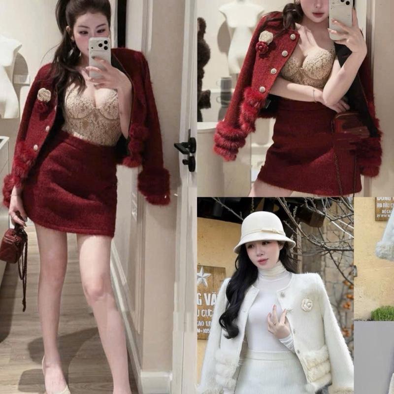    Tặng Hoa Cài    Set Bộ Nữ Áo Khoác Dạ Đính Lông Mix Chân Váy Ngắn Form A Chất Liệu Dạ Lông Thỏ Mềm Mại MS495 