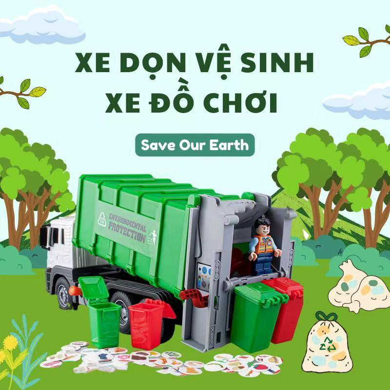 Đồ chơi xe rác cho bé, Xe ô tô chở rác cỡ lớn - Đồ chơi trẻ em mô hình xe cỡ lớn có âm thanh và đèn (Tặng Kèm 2 Mô Hình Thùng Rác Nhỏ và Sticker)