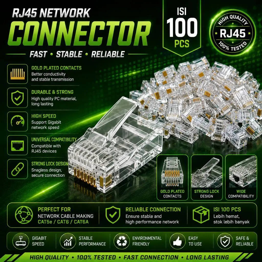 Jack Module Konektor RJ45 isi 50 Pcs & 100 Pcs Lan Network Jariangan Internet Connector RJ45 Cat 5 Cat 6 T