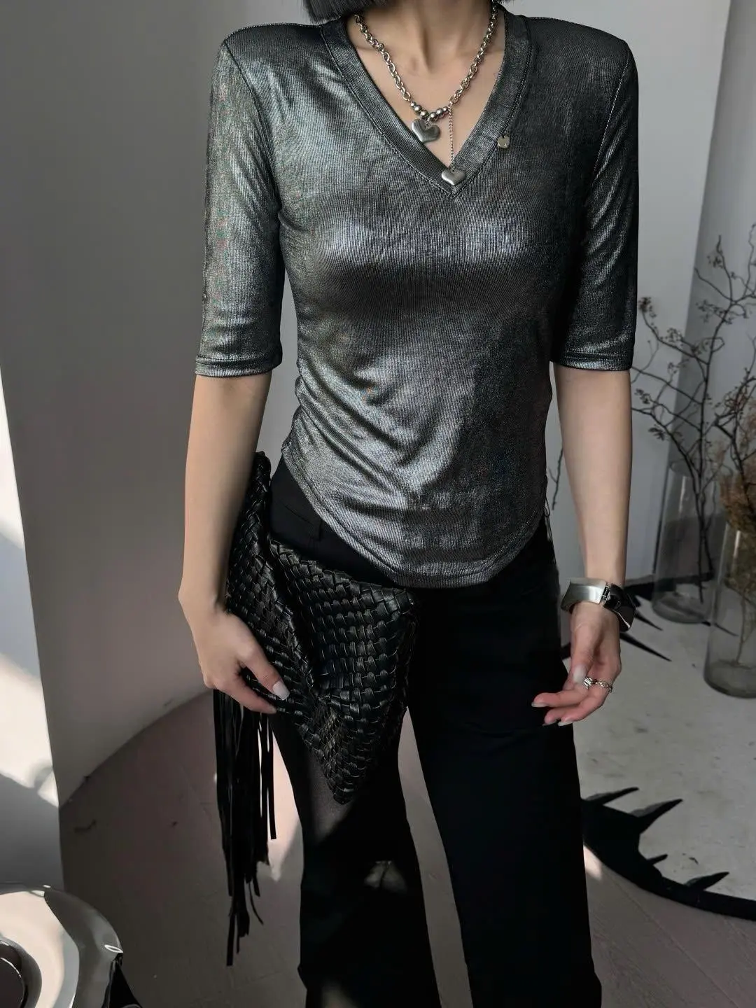 (AT393) Áo nhũ tay lửng cổ tim nhún eo MAIDO TRENDY