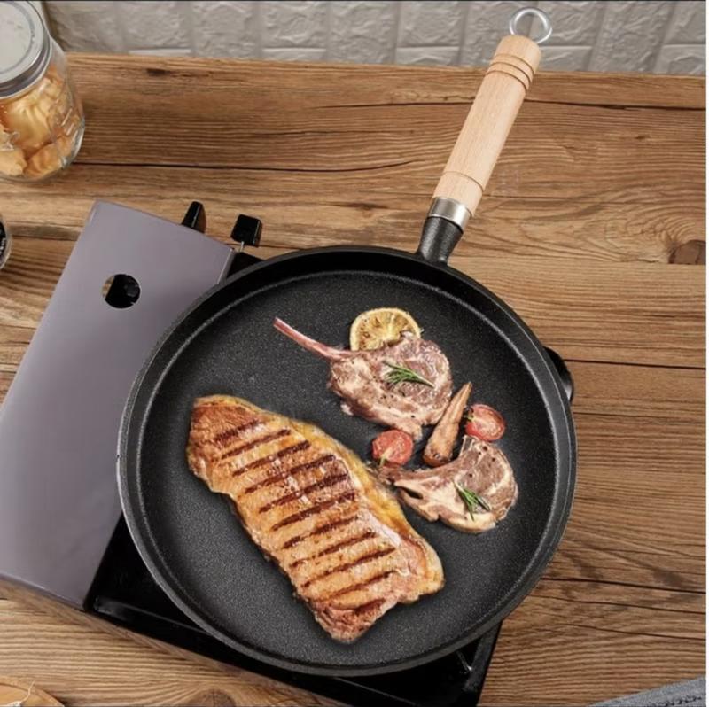 Chảo Gang Tròn Chống Dính Cán Gỗ Size 20-26cm,Cán Gỗ Chống Bỏng Đổ Bánh Xèo Chiên Trứng Dùng Cho Mọi Loại Bếp