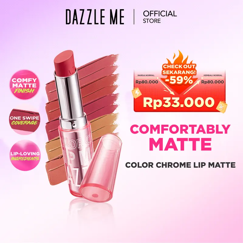DAZZLE ME Color Chrome Lip Matte Matte Lipstick dengan hasil akhir Matte dengan tekstur Powdery dengan Stain Tahan Lama dan Melembabkan Bibir 8
