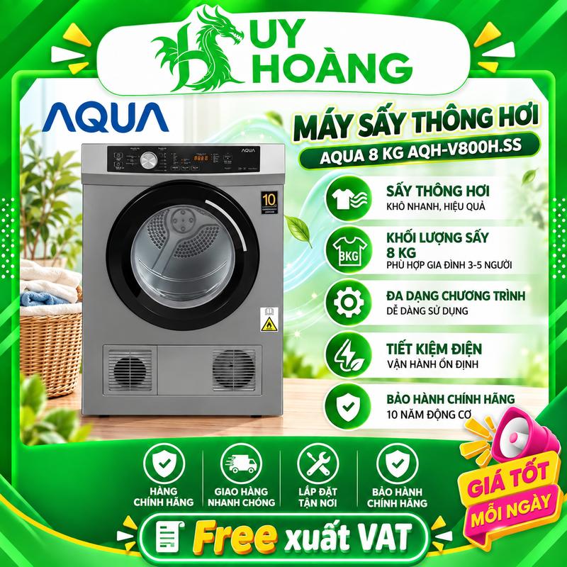 Máy sấy thông hơi Aqua 8 kg AQH-V800H.SS