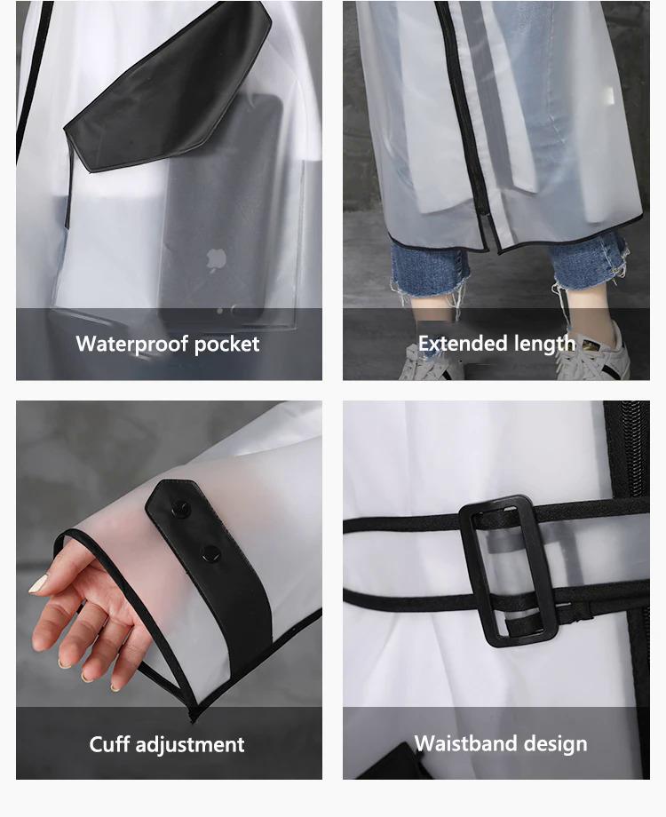 Product Introduction of Adult Long Transparent Waterproof Raincoat Women Rain Coat Men poncho Waistband Hooded Rain Jacket For Hiking Cycling Rainwear 20