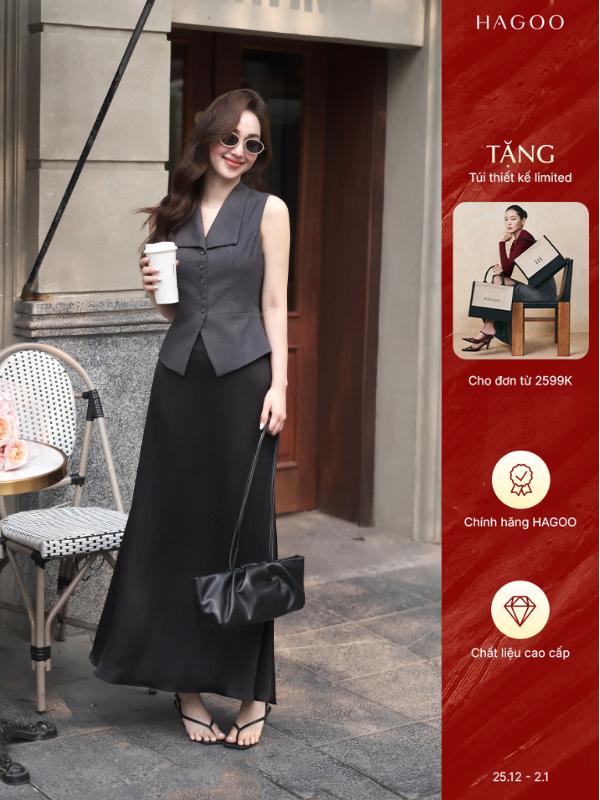 HAGOO Chân váy lụa nữ dáng dài cao cấp 4 màu Đỏ Đen Trắng Nâu Nữ CV469 Nhung Women