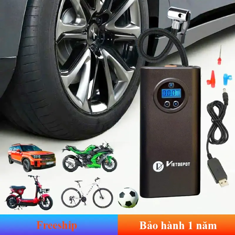 Bơm lốp xe đa năng không dây - Bơm xe hơi - Xe máy - Xe điện - Xe đạp - Bong bóng Công suất cao - Bơm siêu nhanh dùng pin sạc cao cấp Viet Depot, thiết kế nhỏ gọn, theo dõi áp suất lốp, tự ngắt khi bơm đầy.