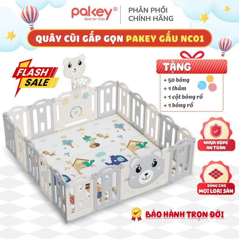 Quây Cũi Gấp Gọn Pakey Gấu NC01 Đáng Yêu Cho Bé Quây Cũi Tích Hợp Nhiều Trò Chơi Vui Nhộn Và Quà Tặng Đồ Chơi An Toàn - Bảo Hành Trọn Đời
