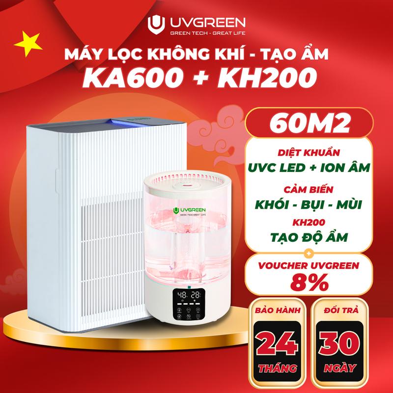[UVG] Combo Máy Lọc Không Khí Diệt Khuẩn UVGREEN KA600 60m2 + Máy Phun Sương Tạo Ẩm UVGREEN KH100 - UVC LED, Khuếch Tán Tinh Dầu Tự Động Khử Khuẩn, Làm Sạch Không Khí Phòng Ngủ - Bộ Lọc HEPA H13 Chống Vi Khuẩn