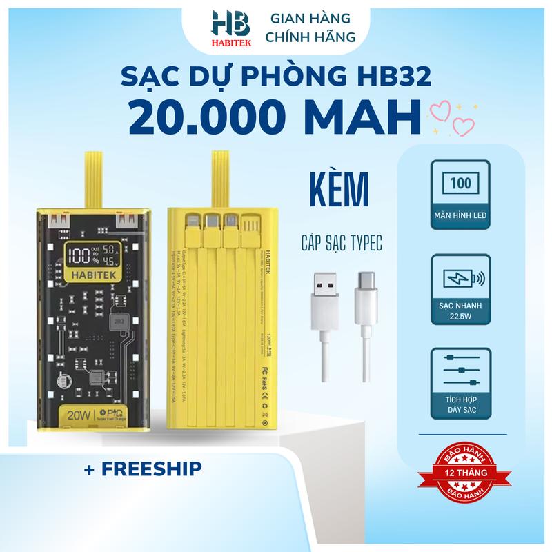 [Sạc Siêu Nhanh] Sạc Dự Phòng HB32 20.000MAH, Sạc Nhanh PD 66W/20W,Thiết Kế Trong Suốt, Có Đồng Hồ Hiển Thị %Pin, Hiệu Điện Thế U(V), Cường Độ Dòng Điện  (Ampe) Có Đèn Ngủ, Bảo Hành 12 Tháng Sạc Pin