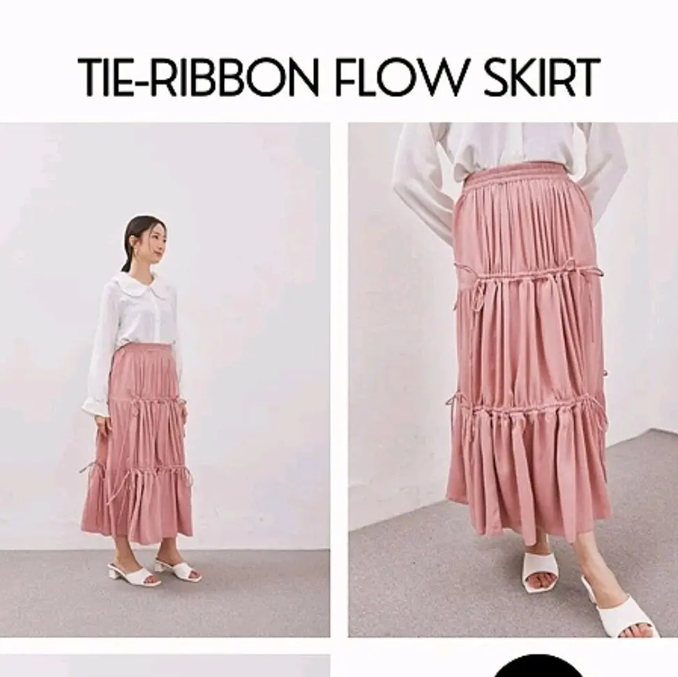 TIE-RIBBON FLOW SKIRT ROK SKIRT SERUT TERBARU ROKKATUNRAYON & VISCOSE TWILL Wanita Panjang Santai Casual Waist