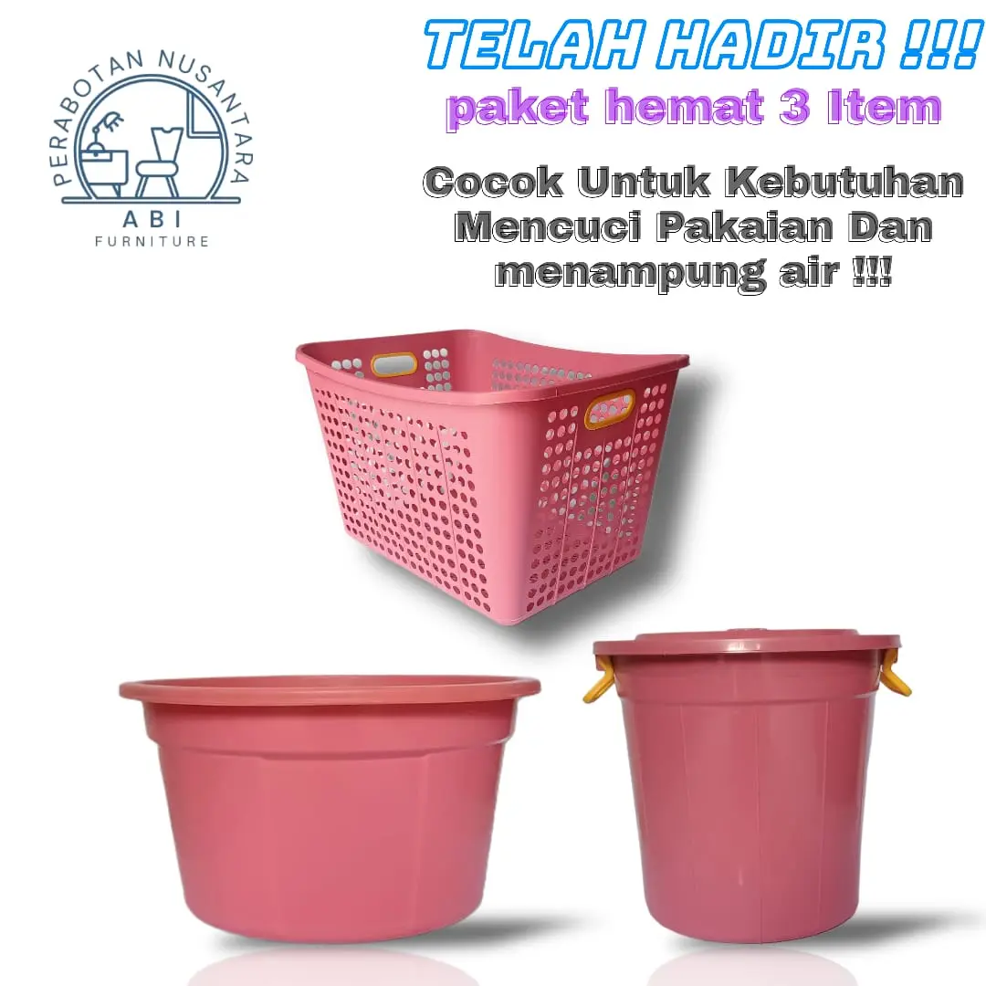 PROMO 3 ITEM ! Bak Air jumbo 45 Liter + KERANJANG PAKAIAN SERBAGUNA + EMBER AIR 30 LITER WARNA Plastik Gagang