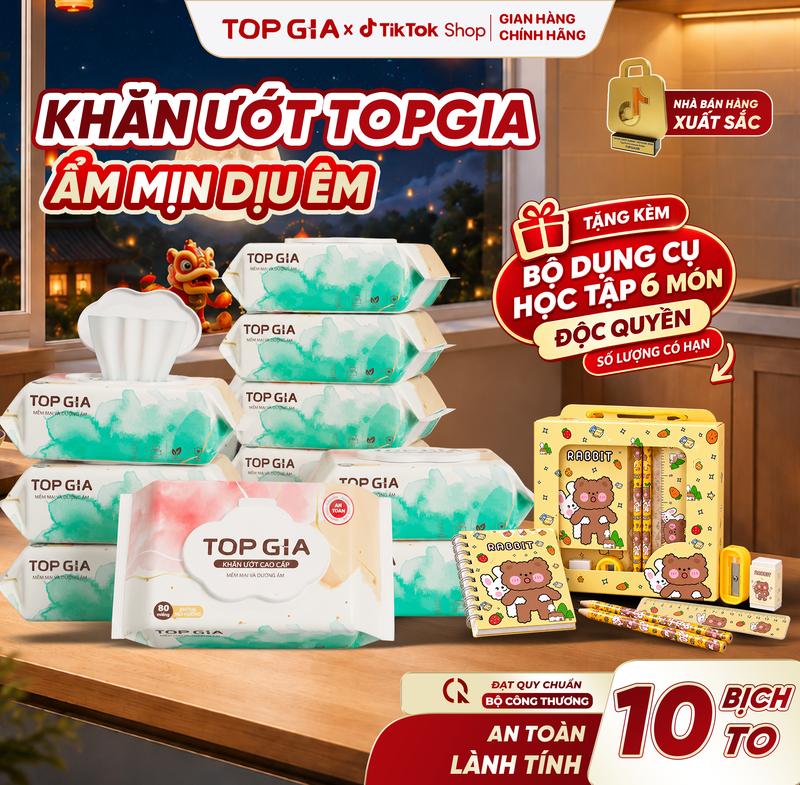 Combo 10 Bịch Khăn Giấy Ướt TOPGIA Để Bàn, Khăn Ướt Ban Mai Đa Năng Ẩm Mịn, Mềm Mại Mẹ Tin Dùng, Dạng Rút An Toàn Lành Tính, Khăn Ướt Đa Năng Để Bàn ĐẠT QUY CHUẨN CỦA BỘ CÔNG THƯƠNG (KU)