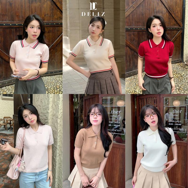 DELIZ - Áo polo cộc tay nữ chất len mềm Sarah phối viền nổi bật tông màu nhẹ nhàng - PL03