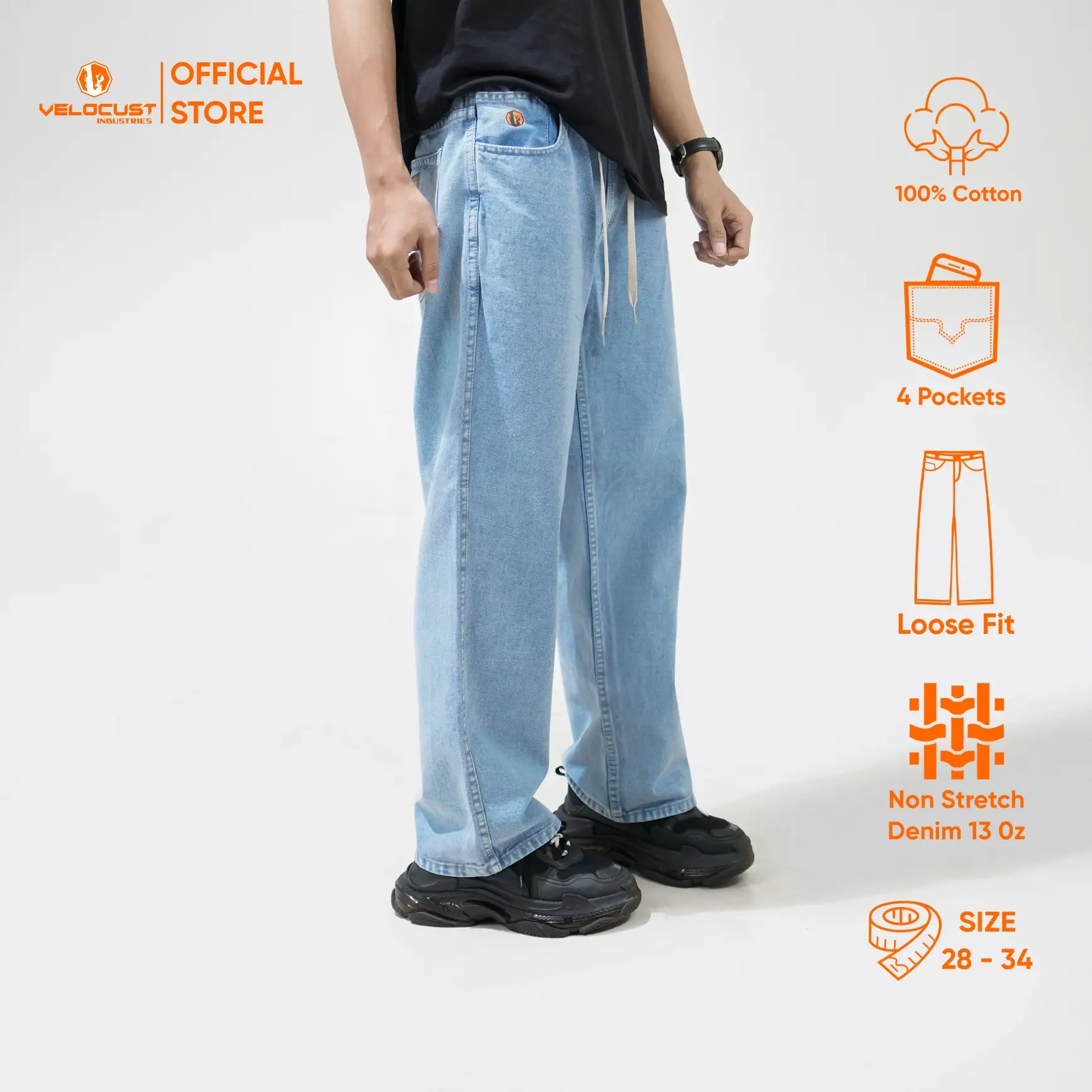 Velocust - Celana Denim Pinggang Karet Loose fit Baggy Pants Relaxed Fit Denim