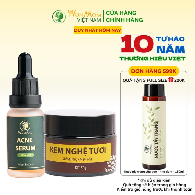 Combo 2 Món Làm Đẹp Da Chăm Sóc Da Ngừa Thâm Nám & Skincare Ngăn Ngừa Mụn  Wonmom (1 kem nghệ tươi + 1 serum trị mụn) Nữ