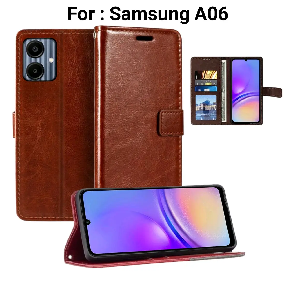 Case SAMSUNG A06 Flip Leather Case Cover  Premium -Flip Wallet Case Kulit Untuk SAMSUNG A06 - Casing Ponsel Protection Hitam Merah Biru
