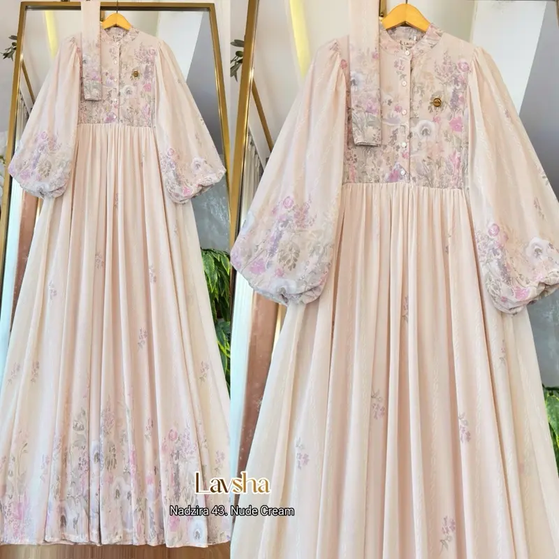 Nadzira set Gamis Setelan Hijab Wanita Muslim Ceruty Babydoll Lengan Balon Karet Busui Kancing Depan