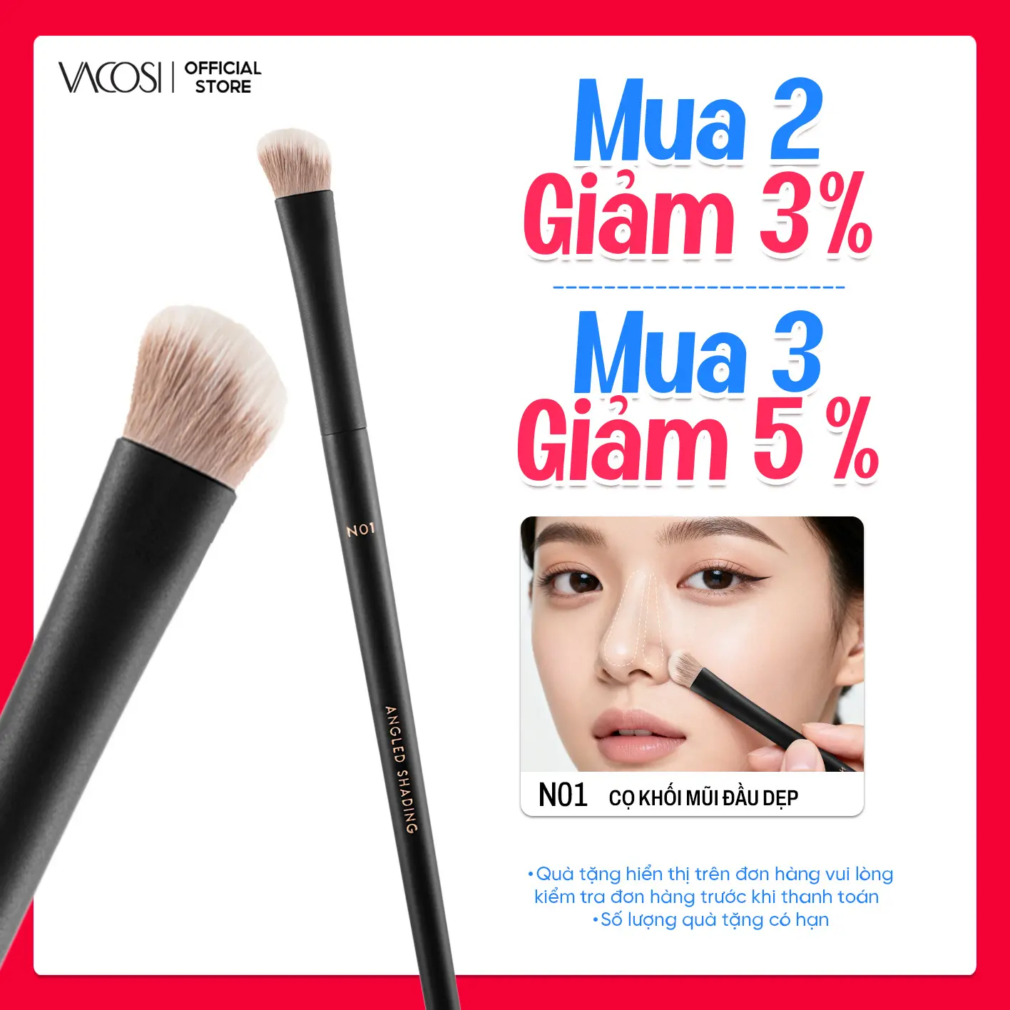 Cọ Tạo Khối Mũi Đầu Dẹp VACOSI Thiết Kế Đẩy Sóng Mũi Chuẩn Xác & Lông Cọ Mềm Mịn, N01-Y24