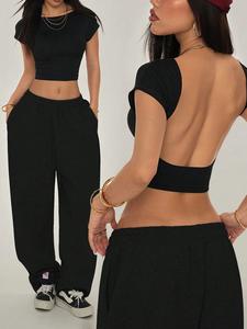 Camiseta corta para mujer con cuello barco y espalda abierta, color sólido, ajuste entallado, manga corta, top de verano, estilo streetwear Y2K, apta para uso diario, fiestas casuales y salidas