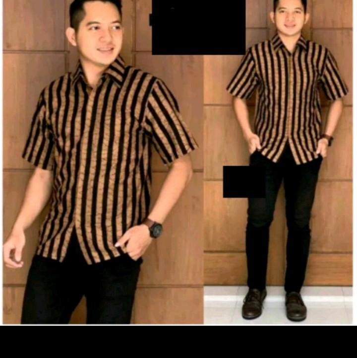 kemeja lurik tenun halus lengan pendek Hem Atasan Pria Dewasa Hitam Salur Formal Katun halus 3